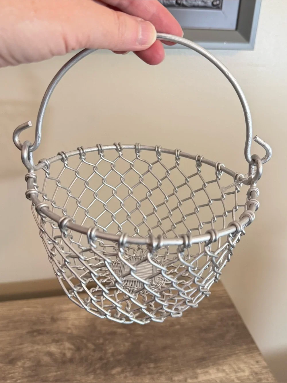 Small Silver Wire Basket Made in India 5.5x3.5” has Handle Chainlink